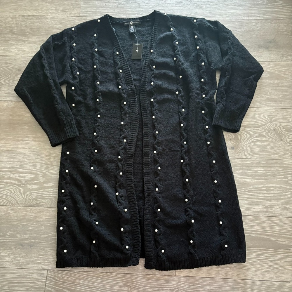 NWT Ashley Stewart Womens Black Pearl Embellished Cardigan Sweater Size 22/24